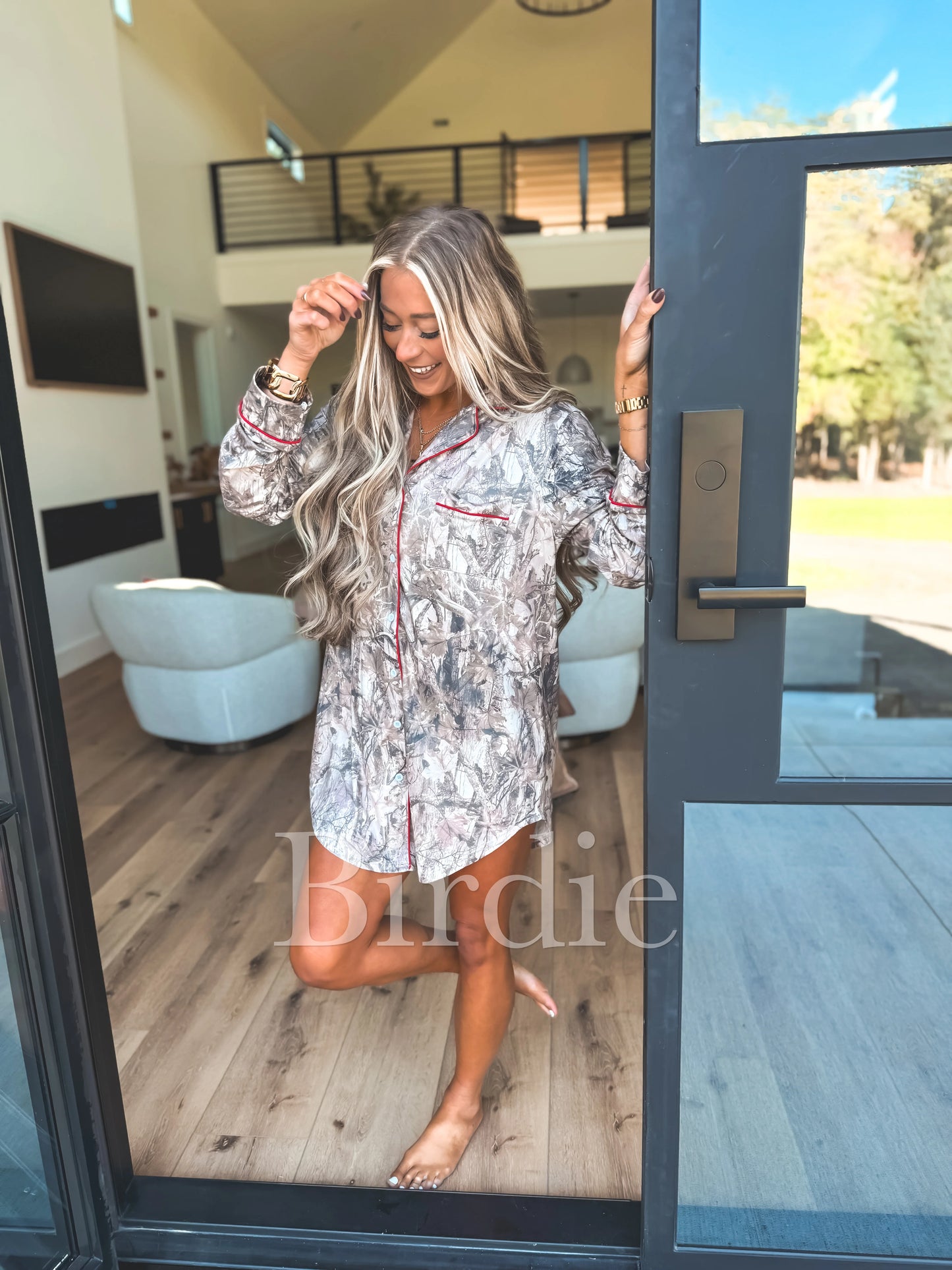 PREORDER Birdie Sleep Dress In Dark Camo With Red Stitching