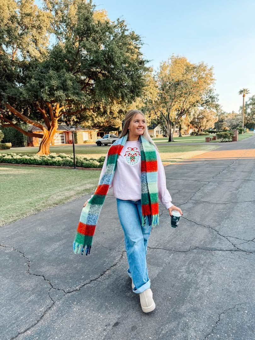 Gingham Candy Cane Frame Embroidered Crewneck Pullover