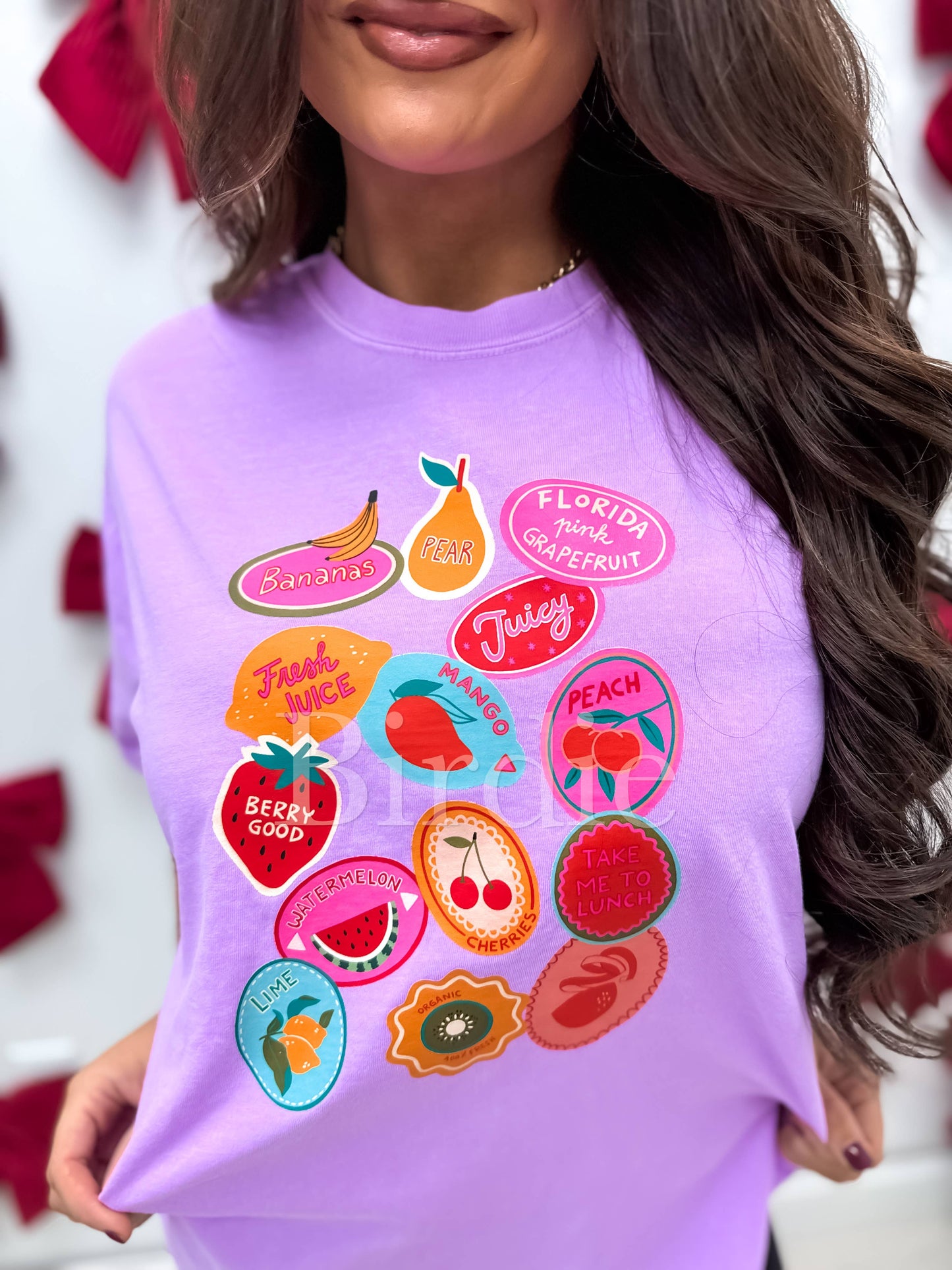 Fruit Stickers on Neon Violet Graphic Tee
