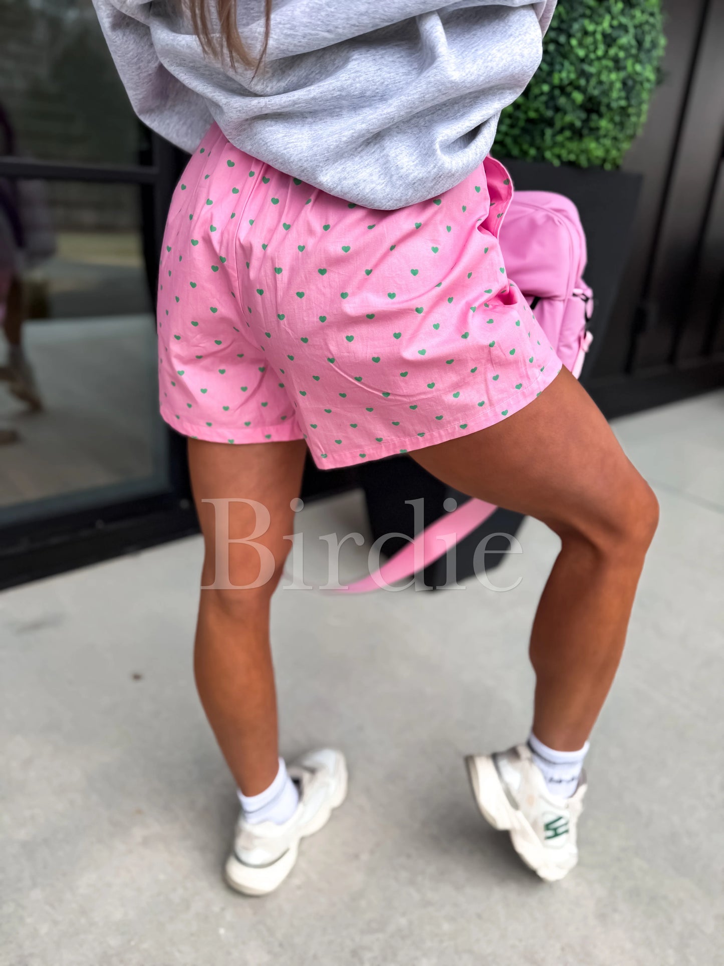Birdie Boxer Shorts in Pink with Green Hearts