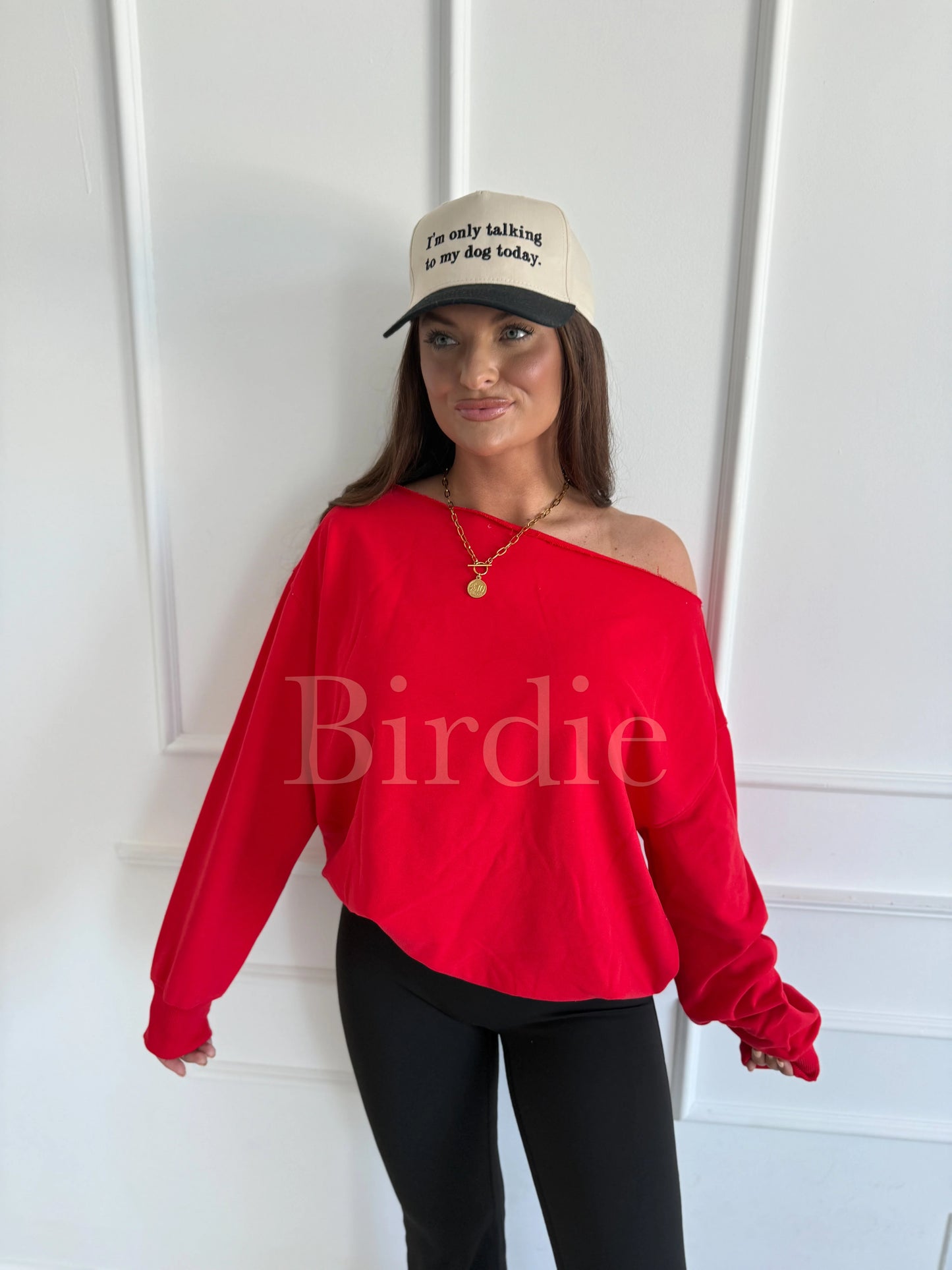 PREORDER Birdie Off Shoulder Slouchy Pullover in Ruby Rush