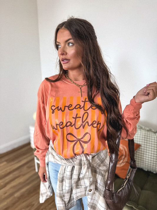 Sweater Weather Bow Long Sleeve Graphic Long Sleeve Tee on Terracotta *final sale*