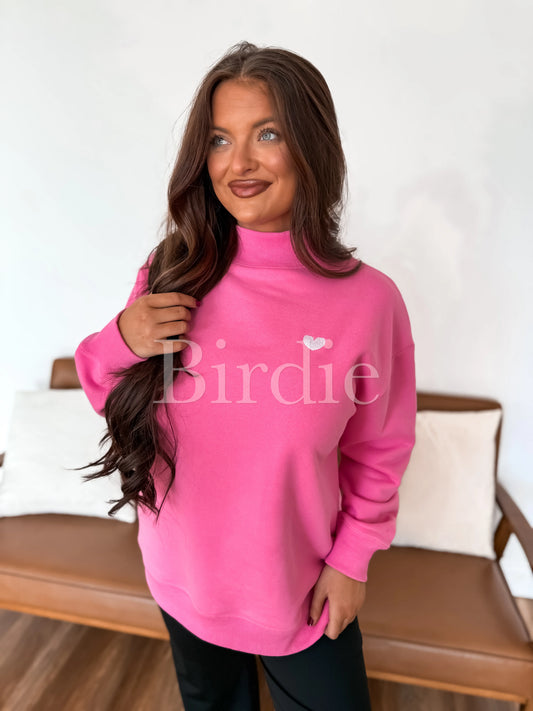 Birdie Heart Embroidered Fleece Pullover in Bubblegum Pink