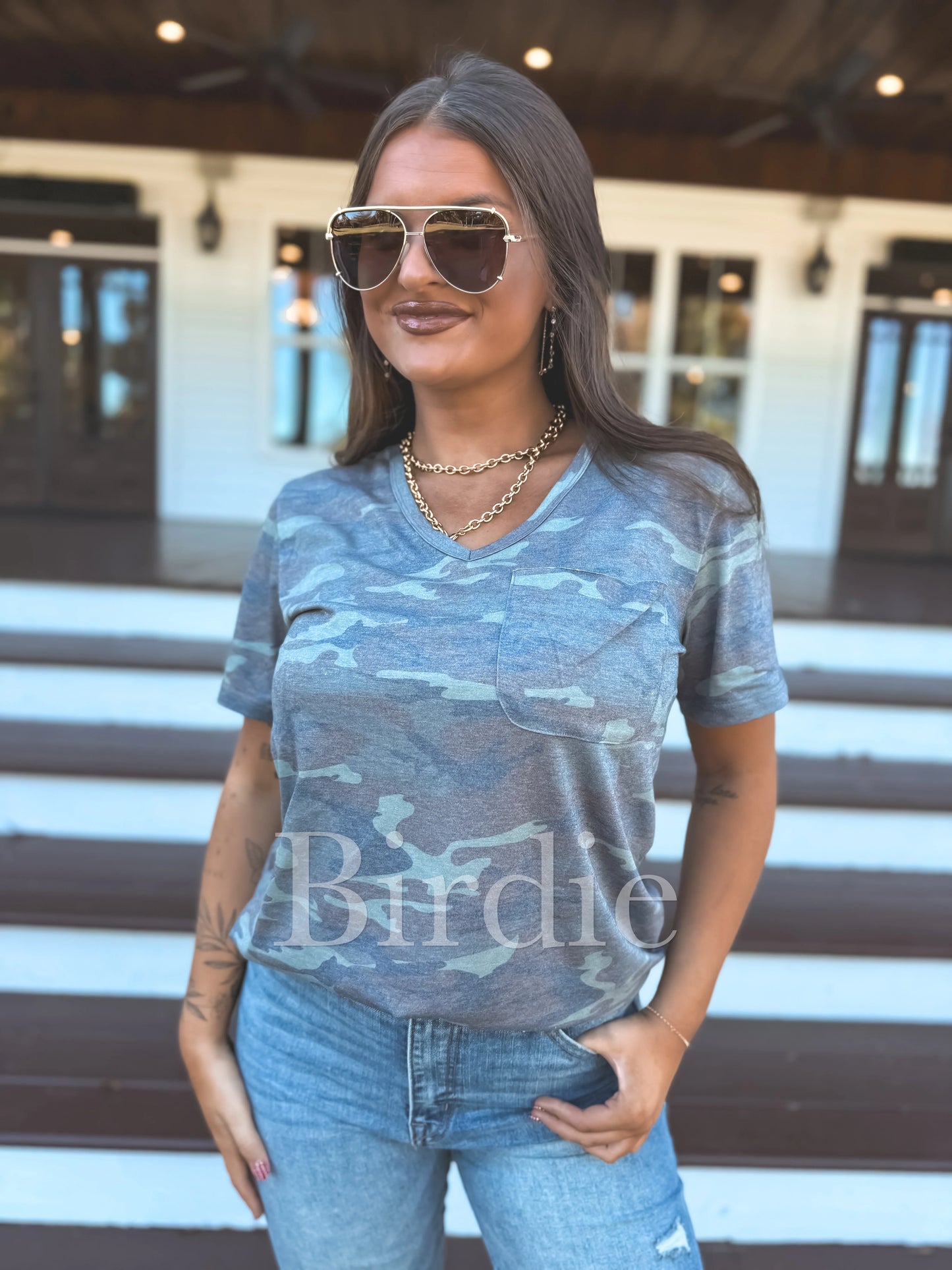 PREORDER Birdie Softstyle V-Neck Pocket Tee In Army Camo