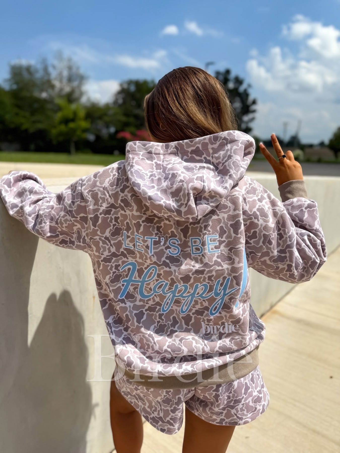 PRE-ORDER Birdie Embroidered Let’s Be Happy Duck Camo Hoodie