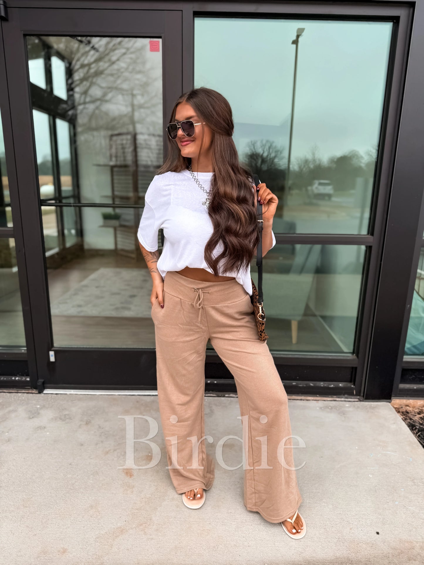 Birdie Ribbed Wide Band Leg Pants in Toasted Almond