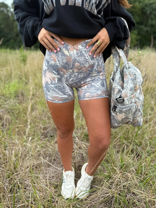 PREORDER Birdie Crossover Biker Shorts in Timber Haze Camo *final sale*