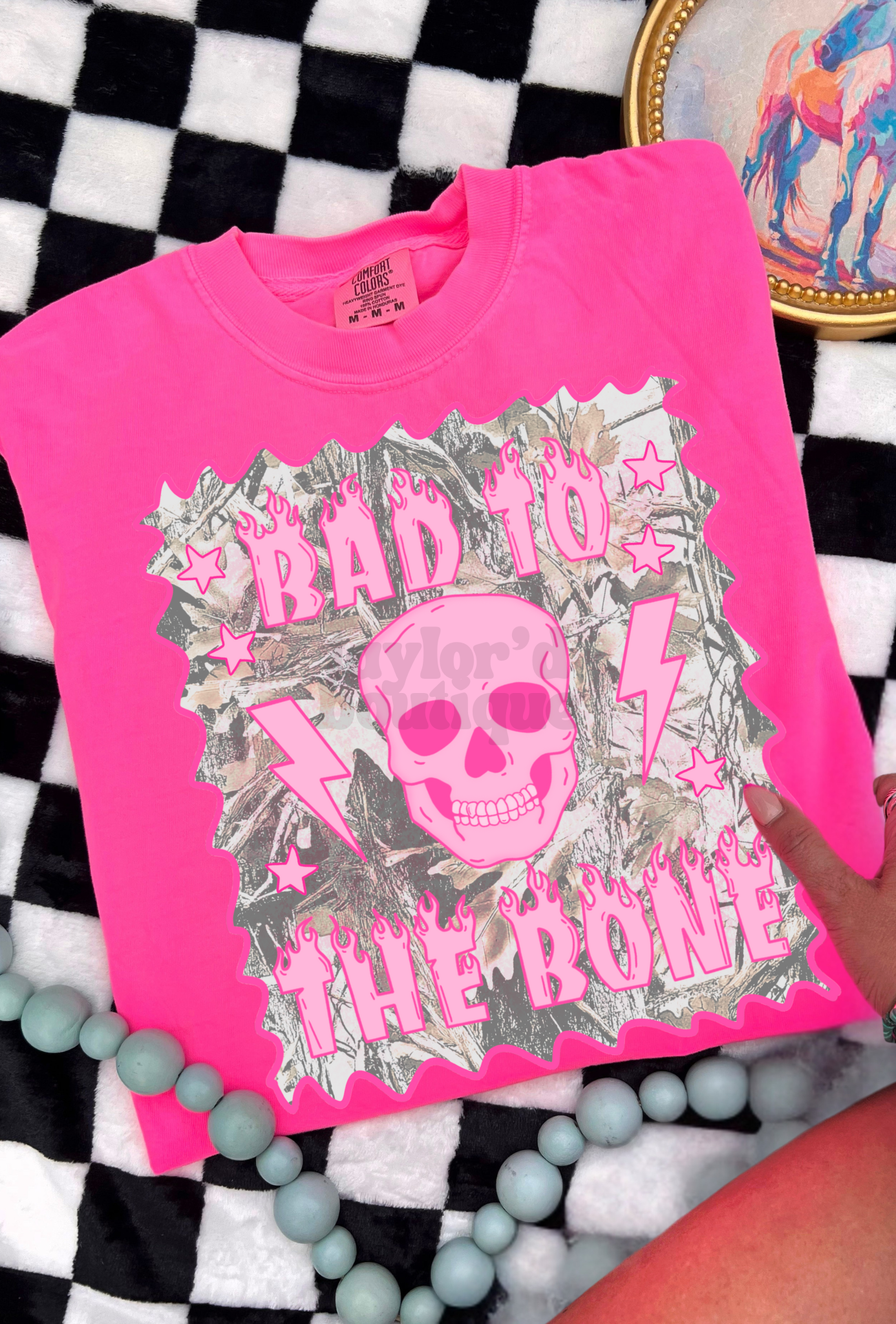 🩷🦴 Bad to the Bone/ Camo Background Tee/ Crew