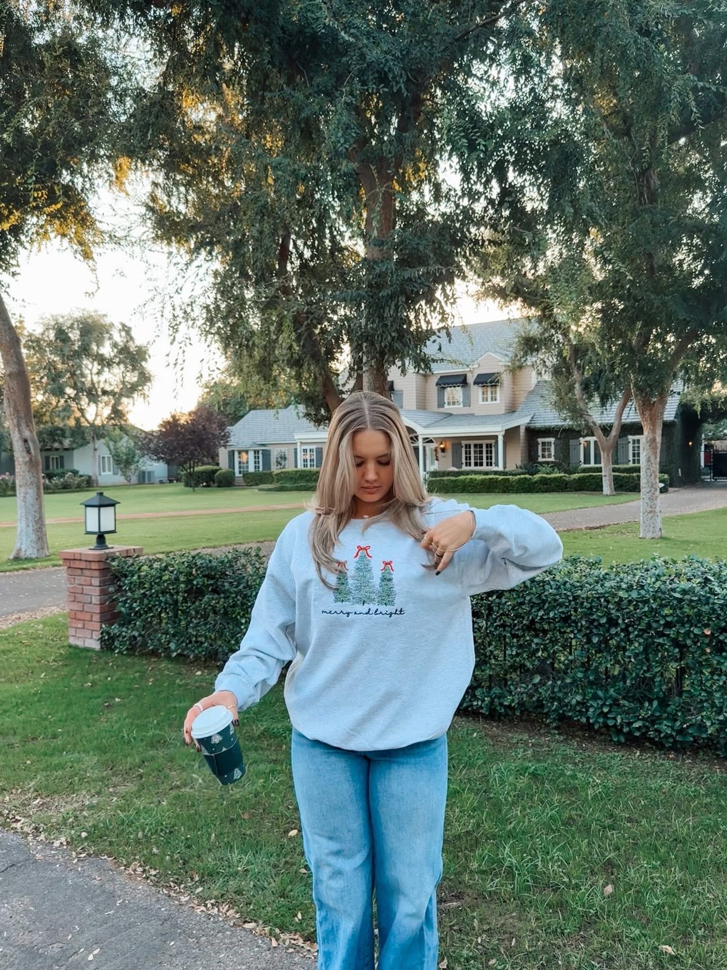 Merry & Bright Trees Embroidered Crewneck Pullover