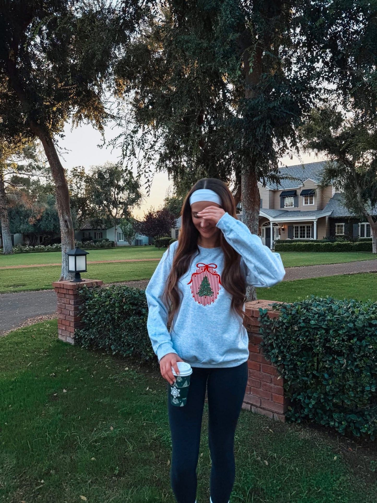 Gingham Christmas Tree Frame Embroidered Crewneck Pullover