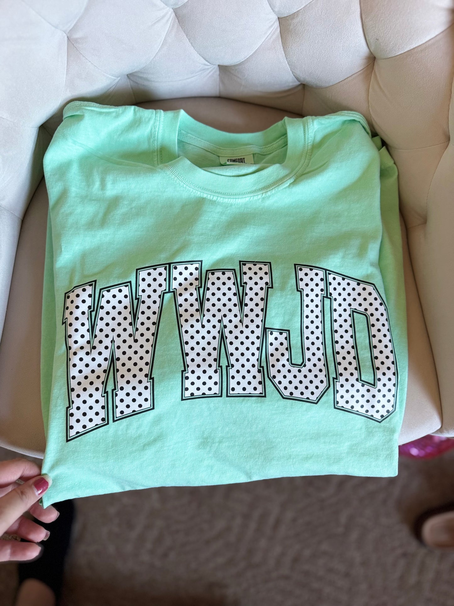 WWJD White with Black Polka Dots Graphic Tee on Island Reef