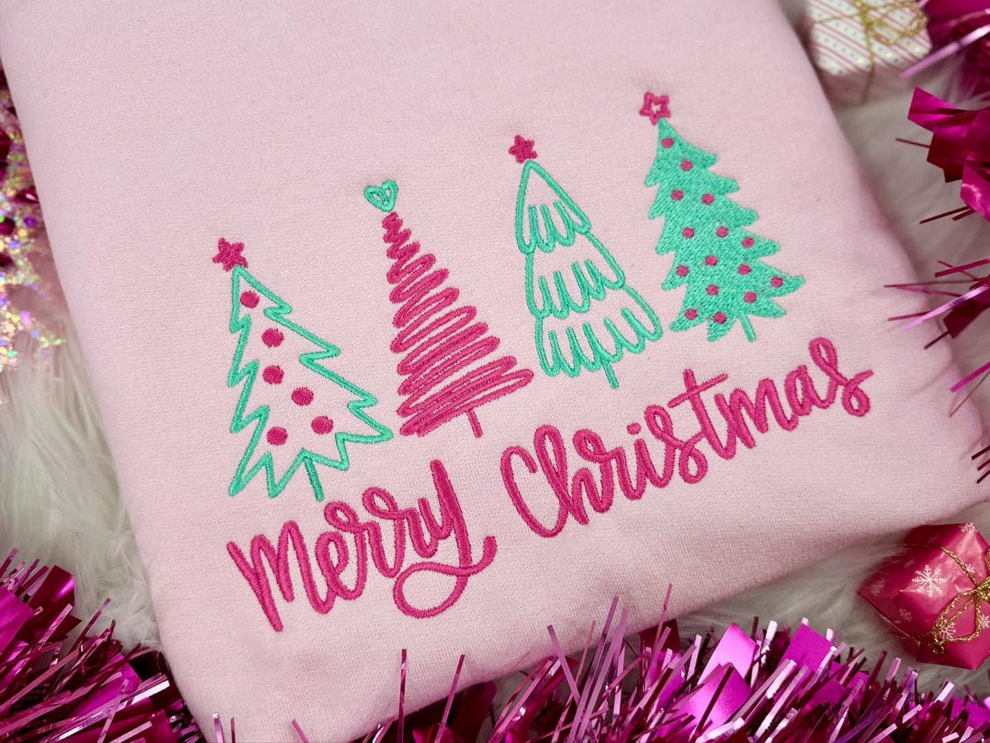 PREORDER Embroidery Merry Christmas Trees Pink/Mint Theme Crewneck