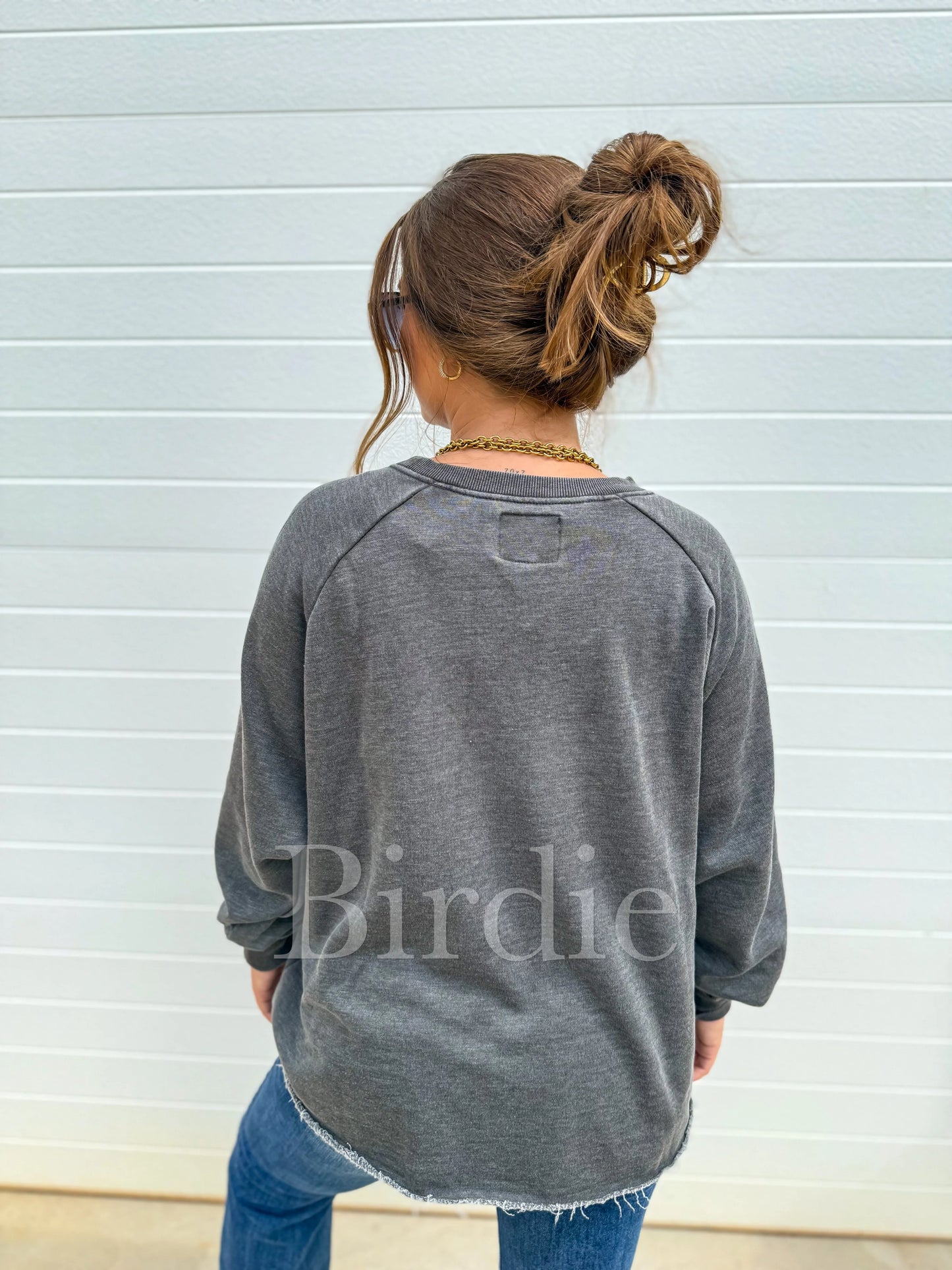PRE-ORDER Birdie Ash Wash Raw Hem Cozy Pullover In Black & Teal