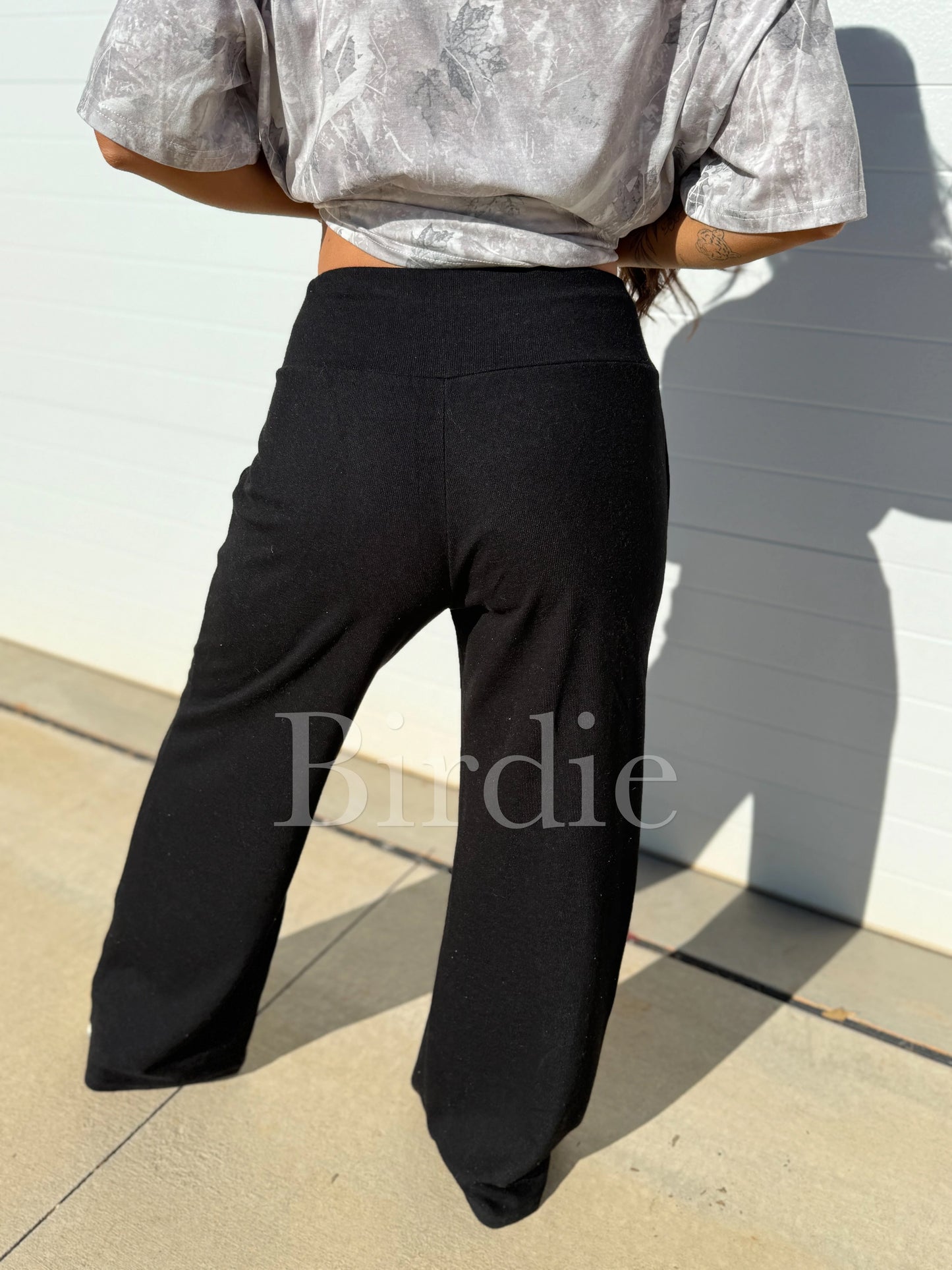 Birdie Ribbed Wide Band Leg Pants in Black