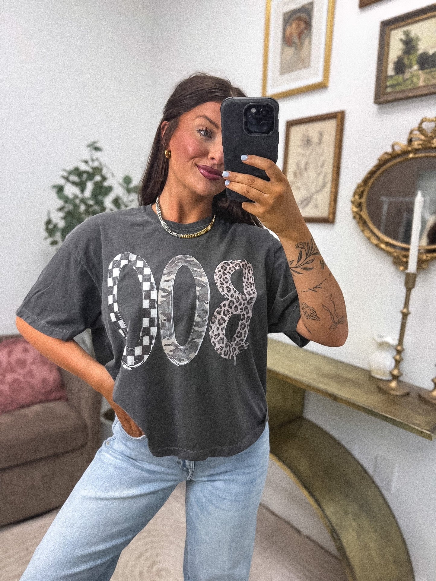 Boo Leopard Camo Checker Boxy Graphic Tee on Pepper *final sale*