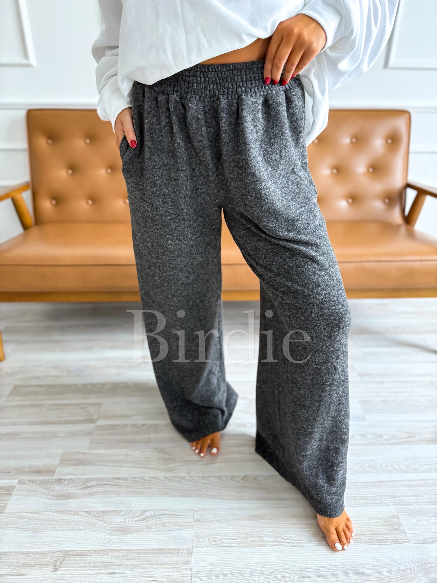 PRE-ORDER Birdie Luxe Lounge Wide Leg Sweats In Light Gray & Charcoal
