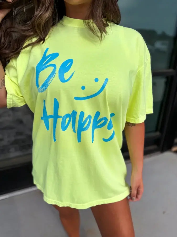 Be Happy Graphic Tee on Neon Lemon