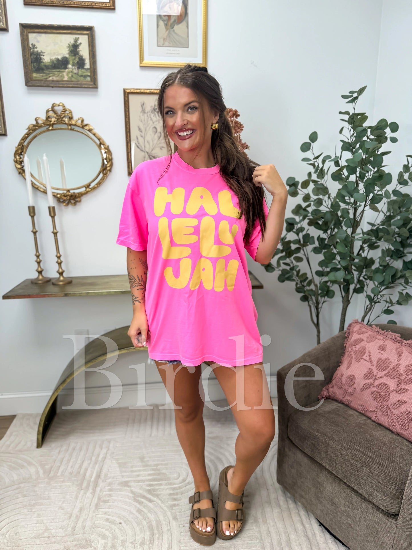 Hallelujah Graphic Tee on Neon Pink