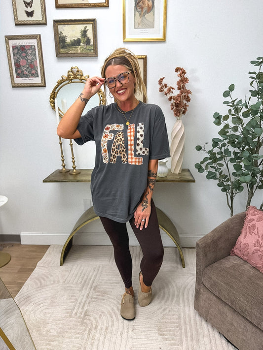 Fall Patchwork Graphic Tee on Pepper *final sale*