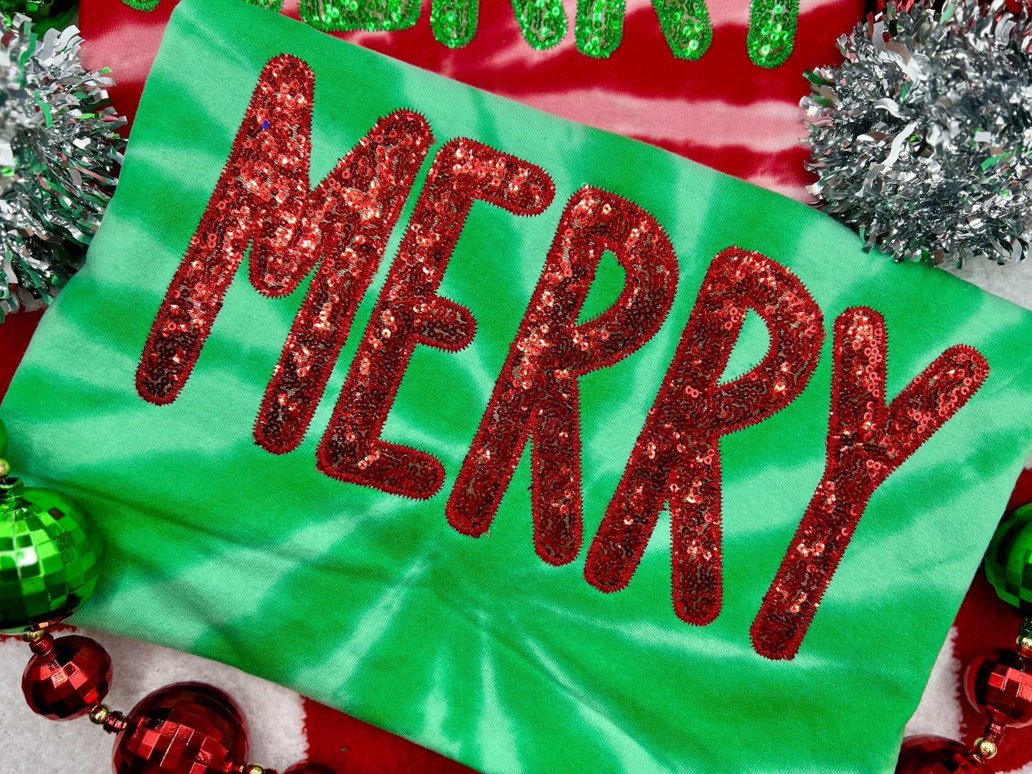 PREORDER Merry Red Sequin Embroidered/ Appliqué Tee/ Crew