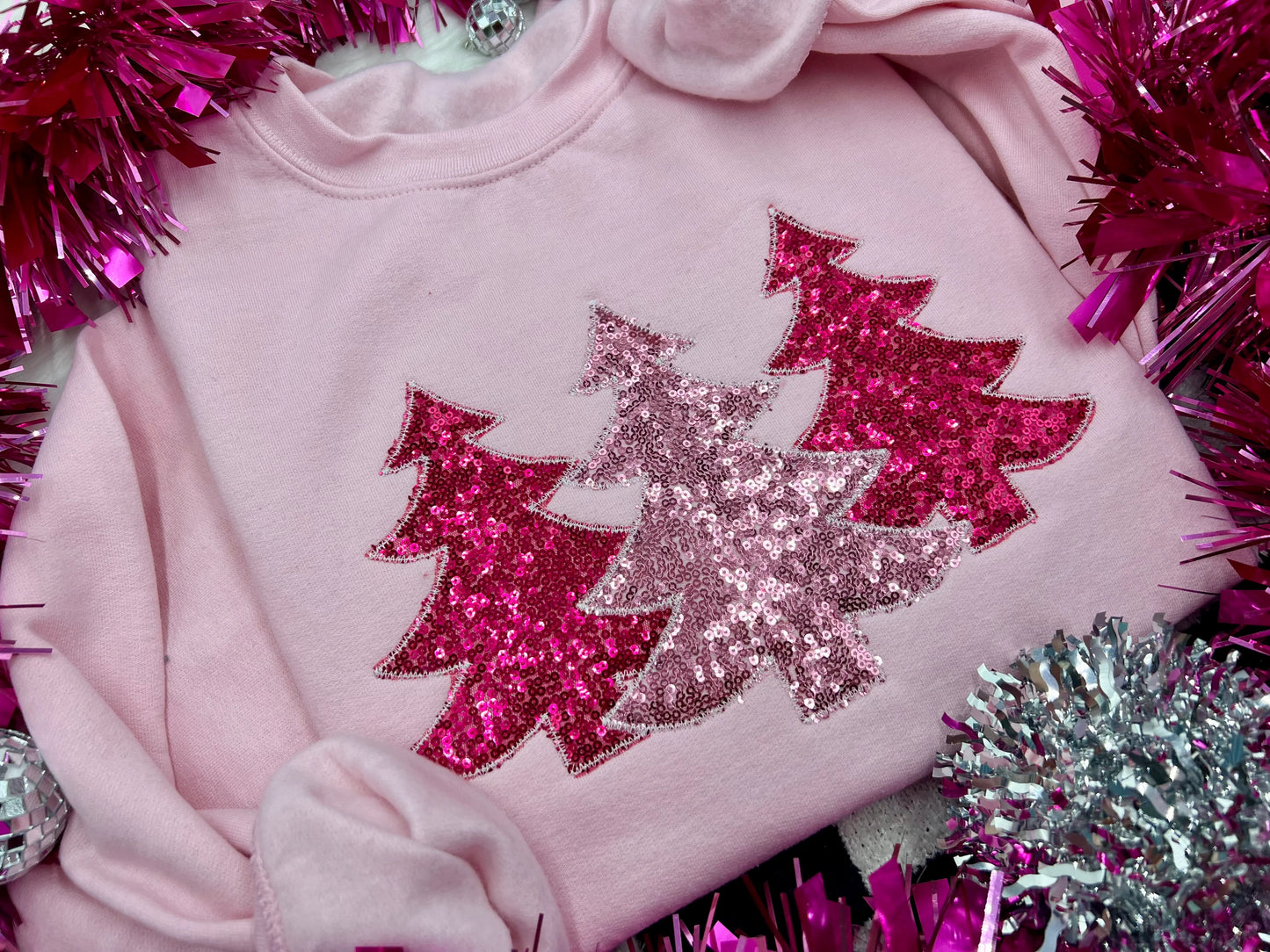 PREORDER Pink Christmas Tree Trio Embroidered/ Appliqué Tee/ Crew