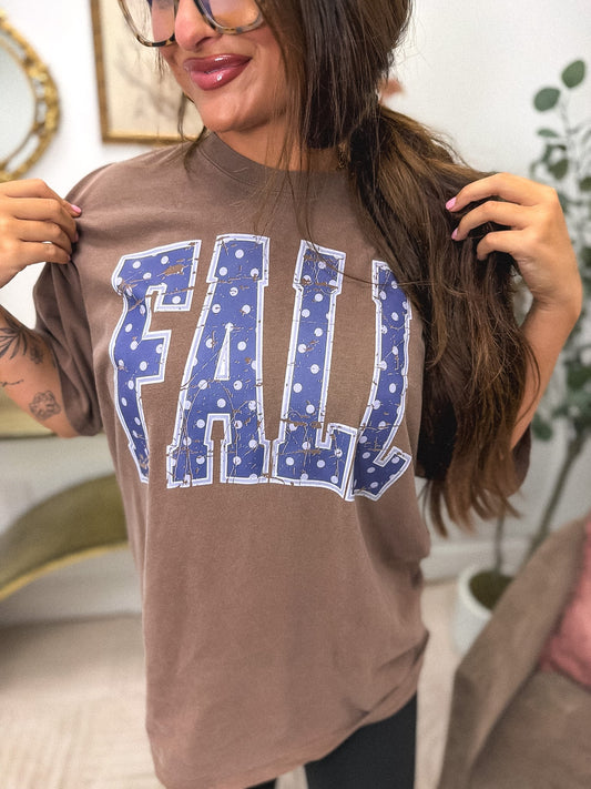 Blue Polka Dot Fall Graphic Tee on Espresso *final sale*