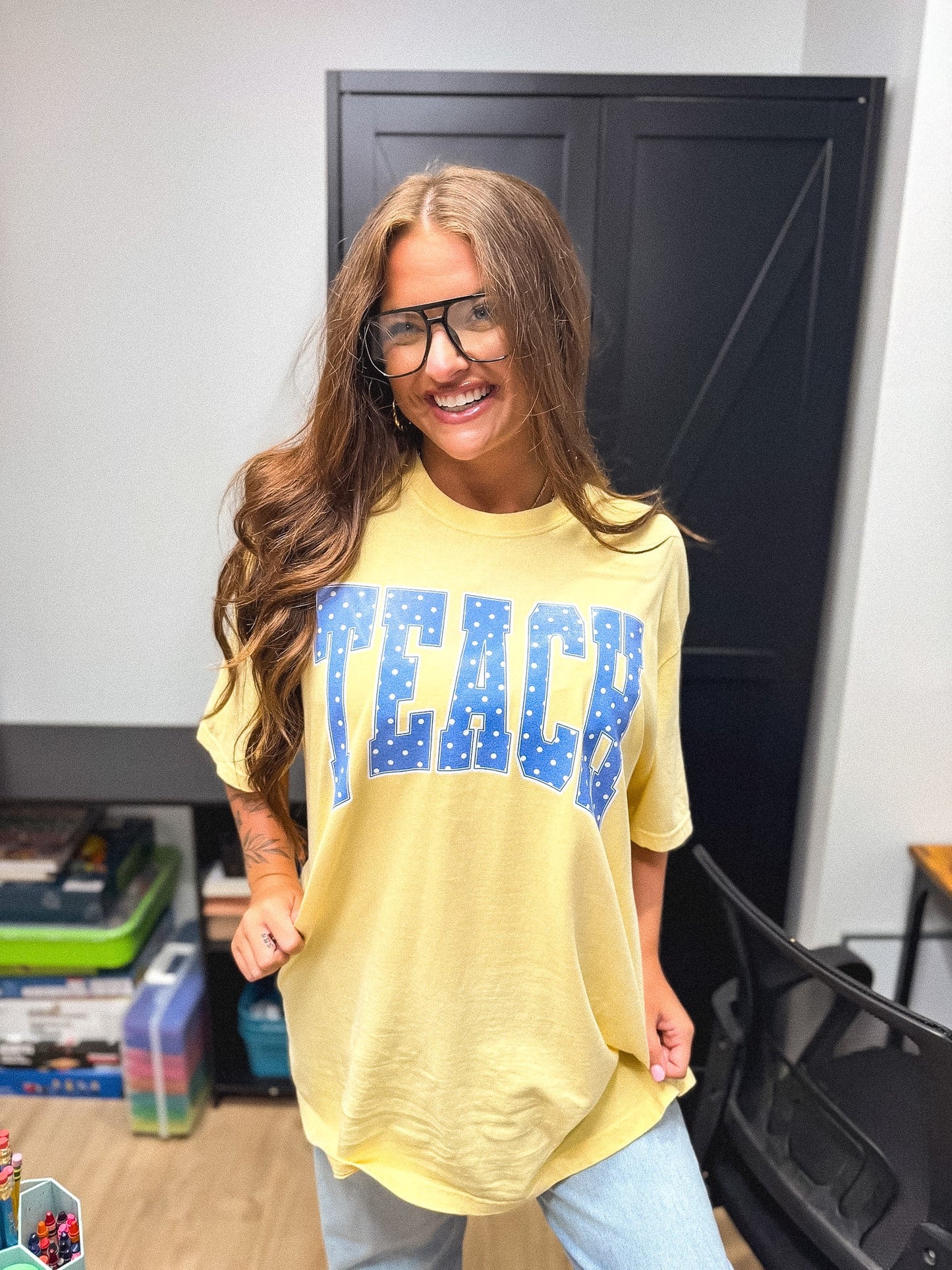 Teach Polka Dot Graphic Tee on Butter *final sale*