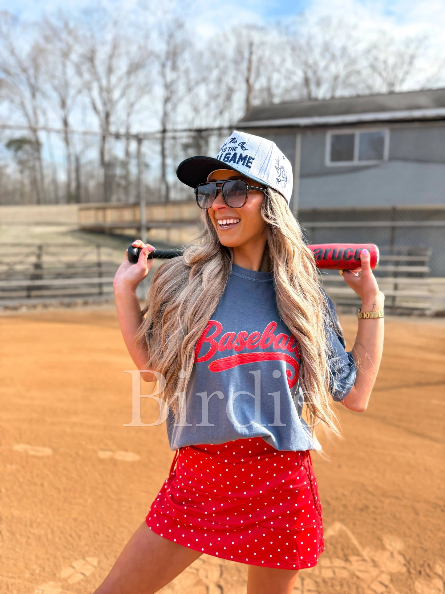 Faux Yarn Baseball Graphic Tee on Denim
