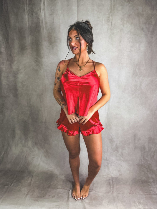 PREORDER Birdie Satin Sweetheart Set in Ruby (Sold as Set)