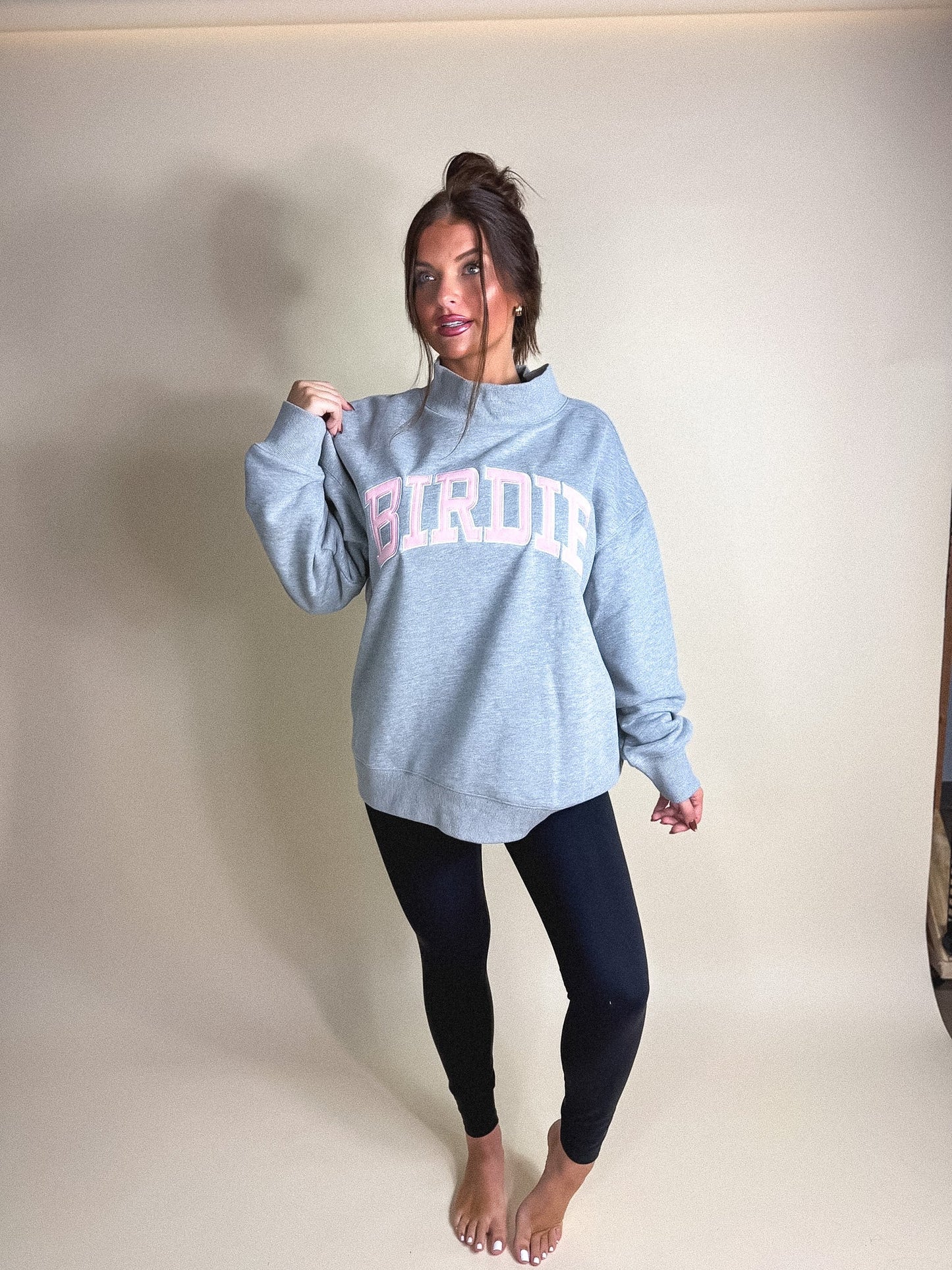 PREORDER Birdie Bubblegum Pink Appliqué Logo on Heather Gray Mock Neck Sweatshirt