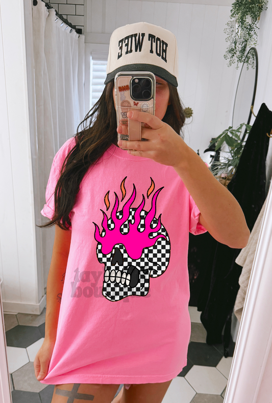 💀🔥 Hot Pink Flames Skull Tee/ Crew