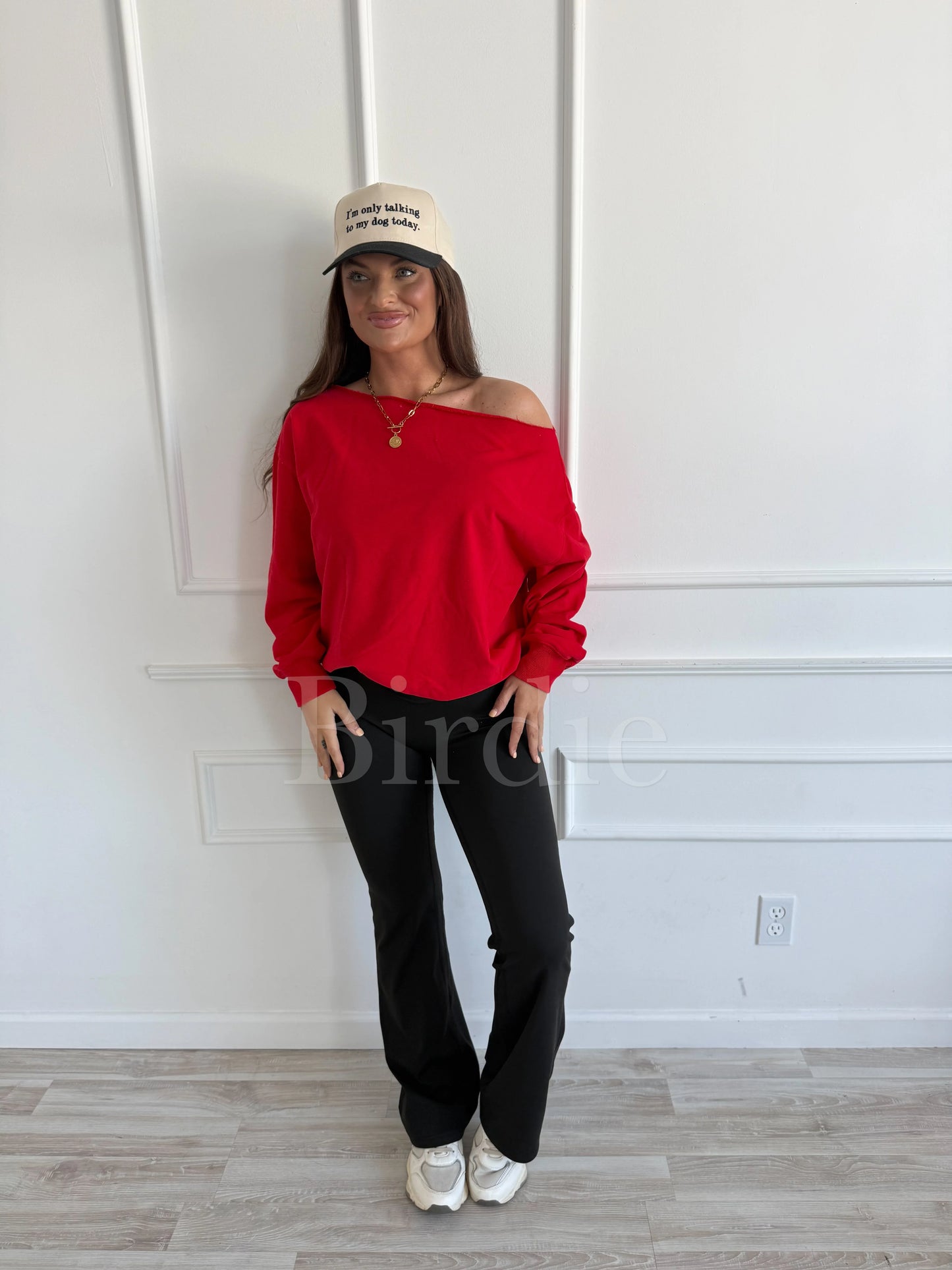 PREORDER Birdie Off Shoulder Slouchy Pullover in Ruby Rush