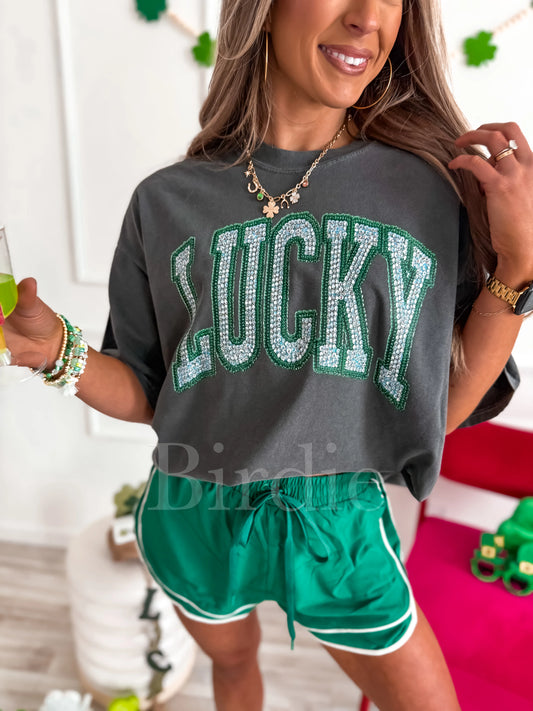 Faux Rhinestone Lucky Glitter Graphic Tee on Pepper
