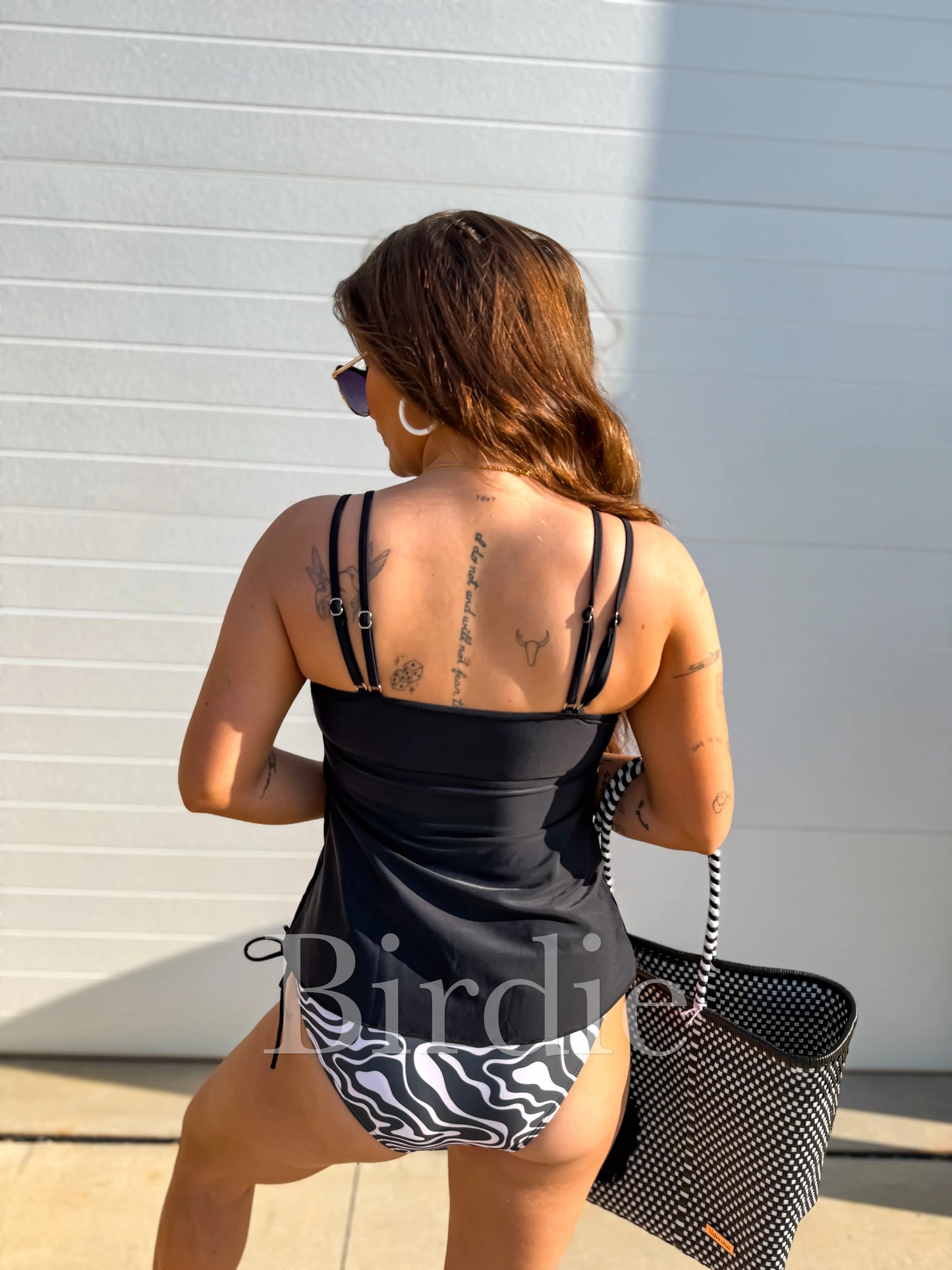 Birdie Cool Girl Classic Tankini Swimsuit in Black Obsidian Waves (Sold as Set)