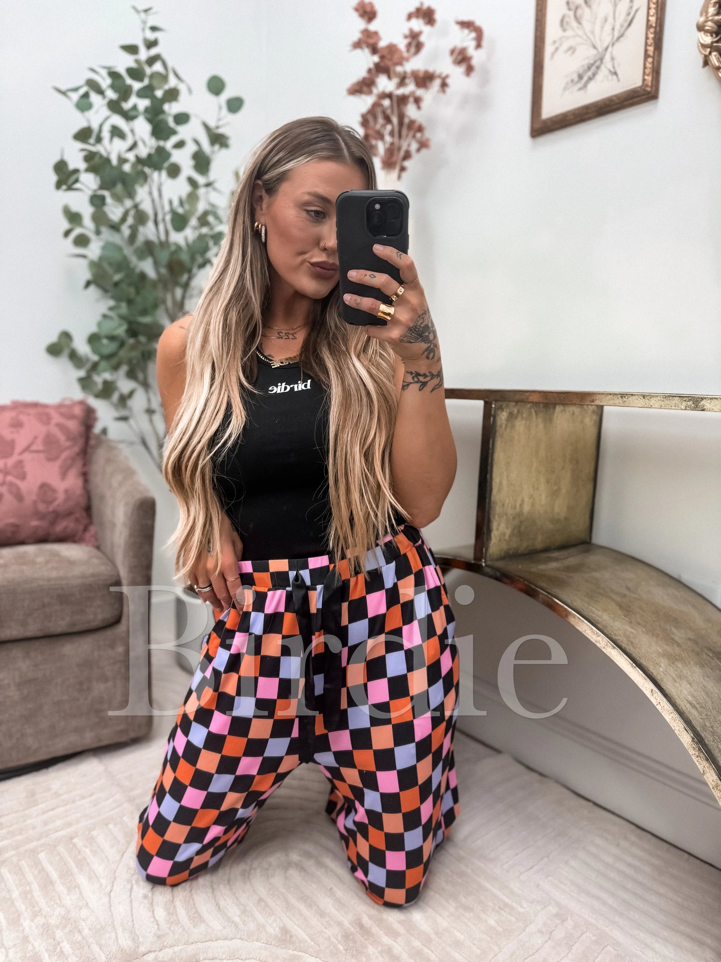 Birdie Stretchy Lounge Pants 2.0 in Candy Corn Checkered