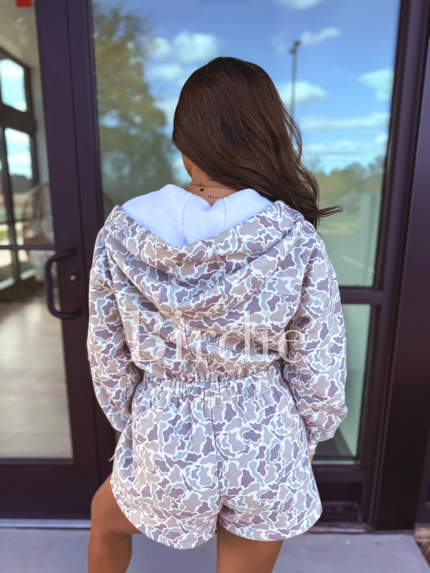 Birdie Long Sleeve Hooded Romper In Duck Camo