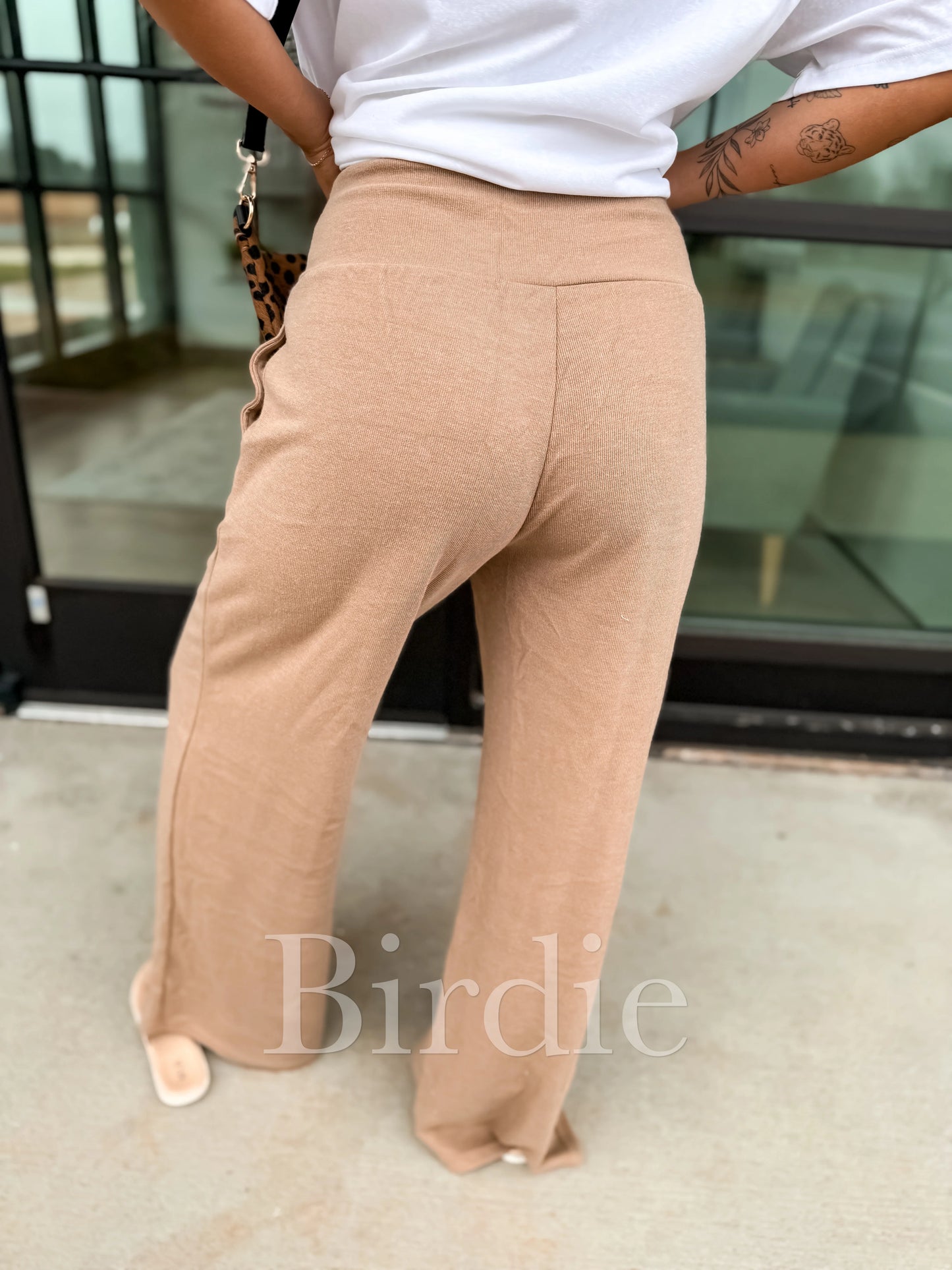 Birdie Ribbed Wide Band Leg Pants in Toasted Almond