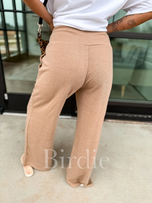 Birdie Ribbed Wide Band Leg Pants in Toasted Almond