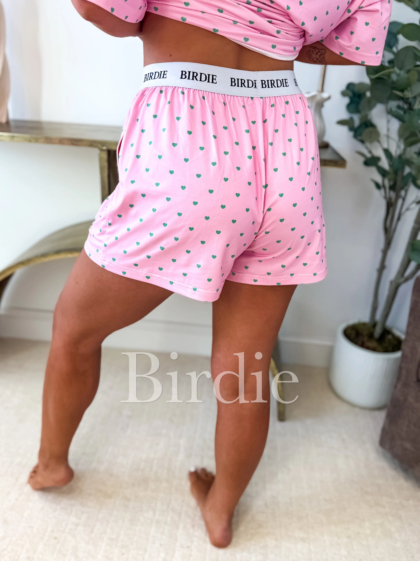 PREORDER Birdie Tee Boxer Short Set in Pink with Green Hearts (Sold as Set)