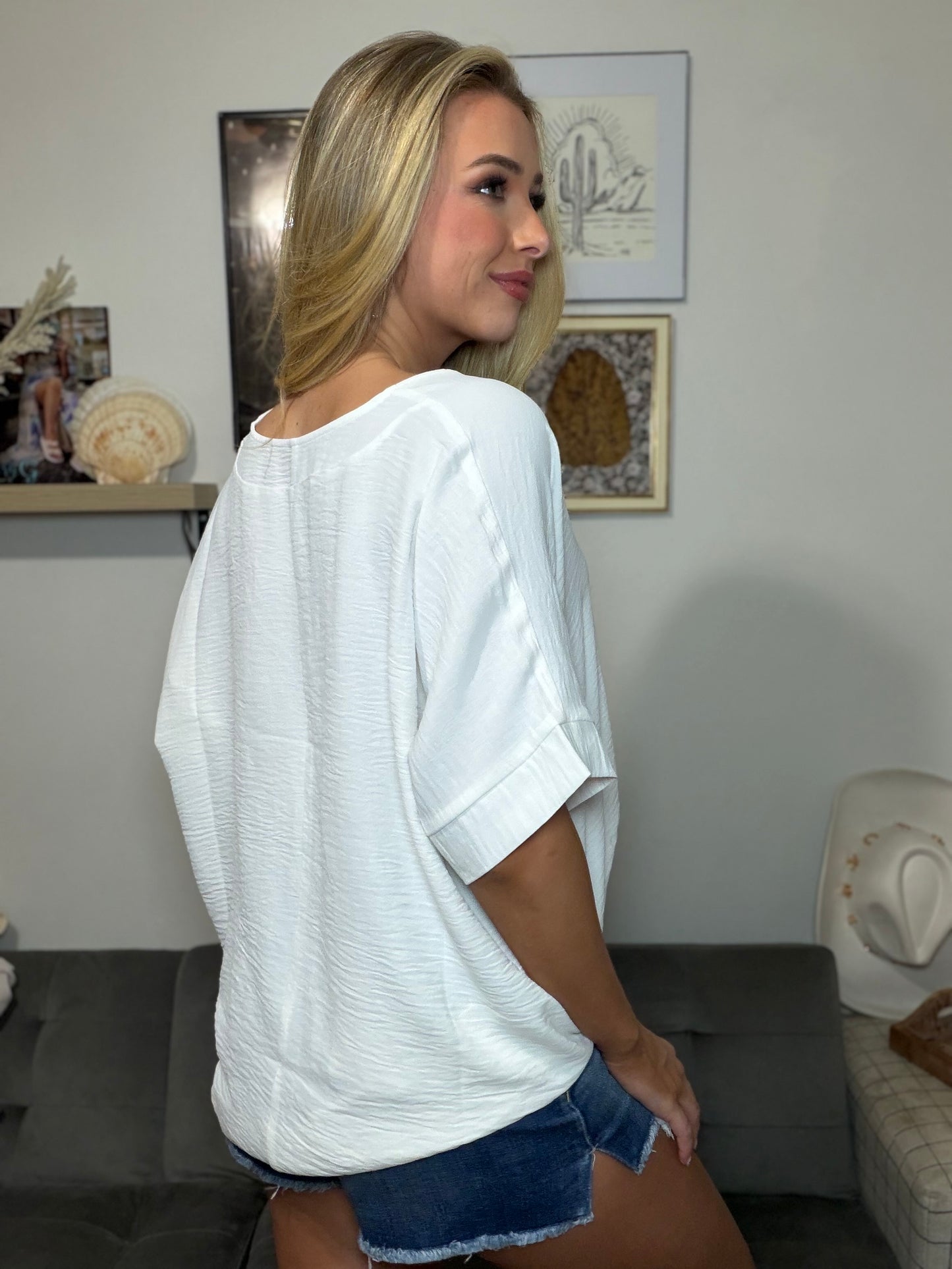 Woven Airflow V-Neck Dolman Top in White