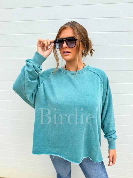 PRE-ORDER Birdie Ash Wash Raw Hem Cozy Pullover In Black & Teal