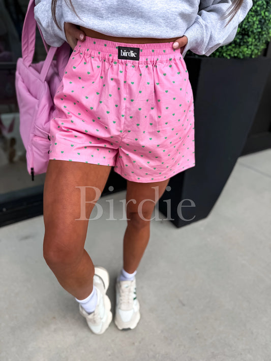PREORDER Birdie Boxer Shorts in Pink with Green Hearts