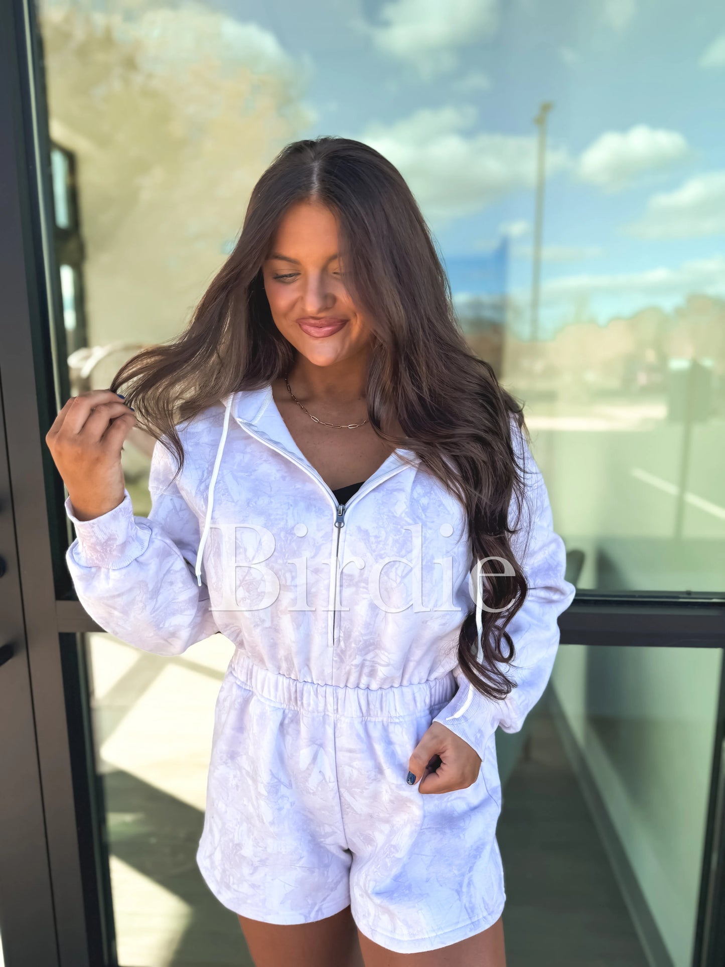 Birdie Long Sleeve Hooded Romper In Cream Camo