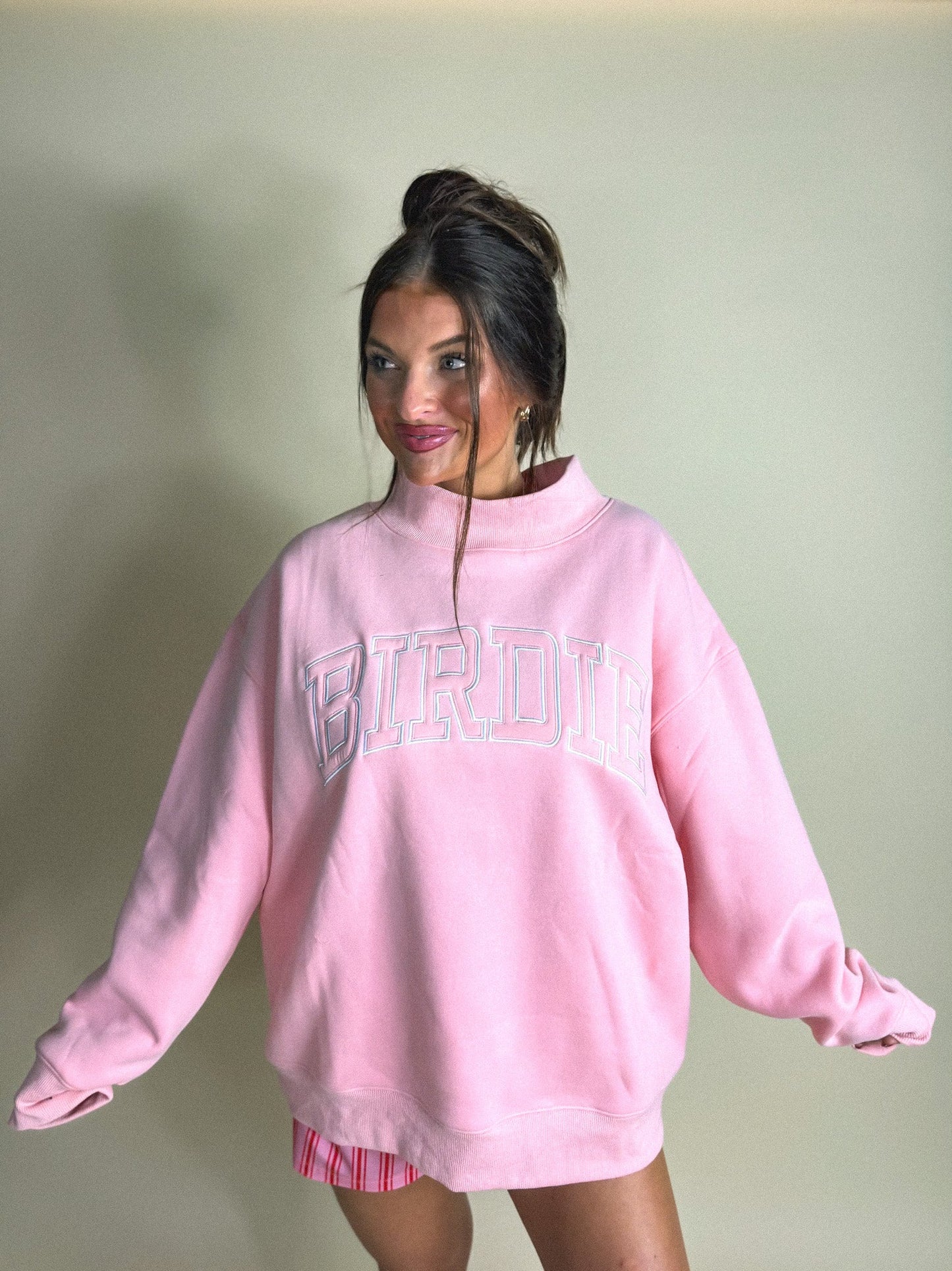 PREORDER Birdie Appliqué Logo on Strawberry Milk Mock Neck Sweatshirt