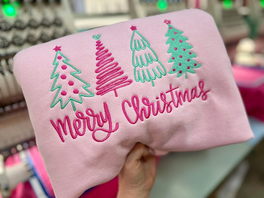 PREORDER Embroidery Merry Christmas Trees Pink/Mint Theme Crewneck