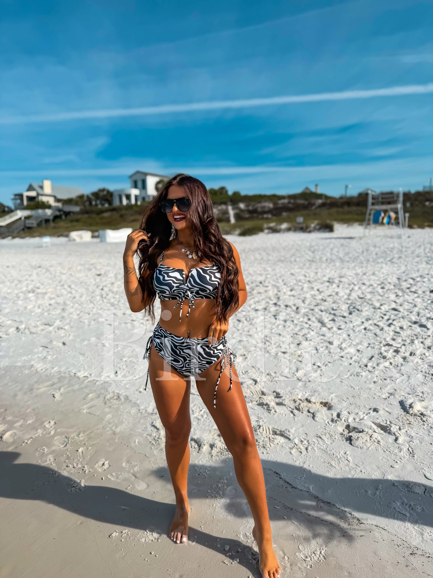Birdie Luna Tie Two Piece Swimsuit in Obsidian Waves (Sold as Set)