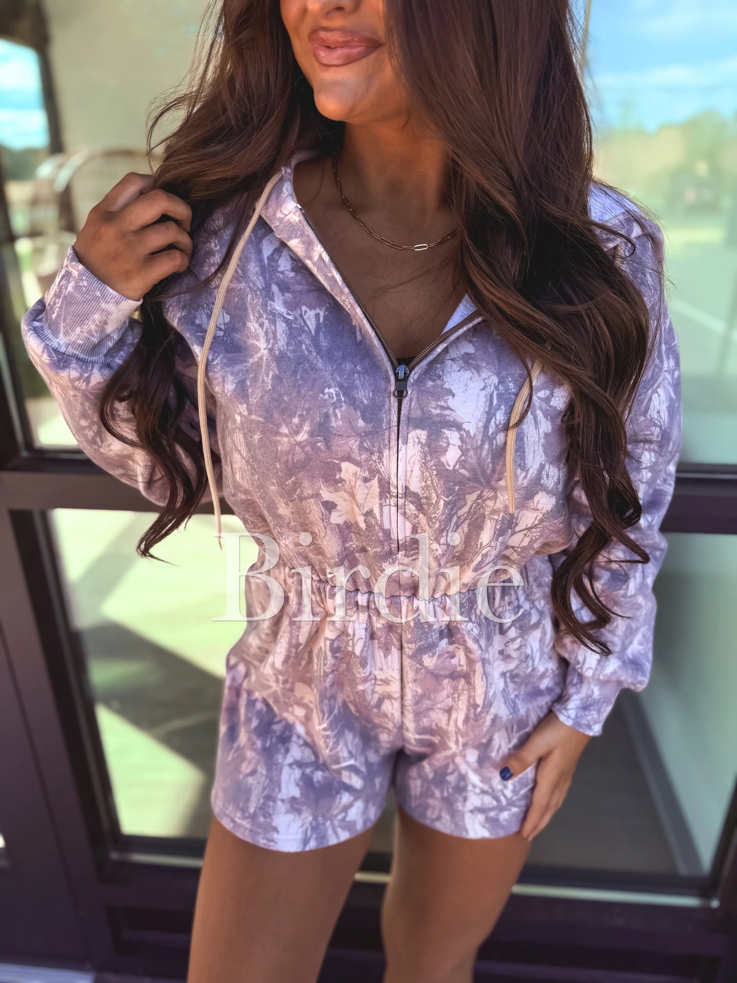 Birdie Long Sleeve Hooded Romper In Dark Camo