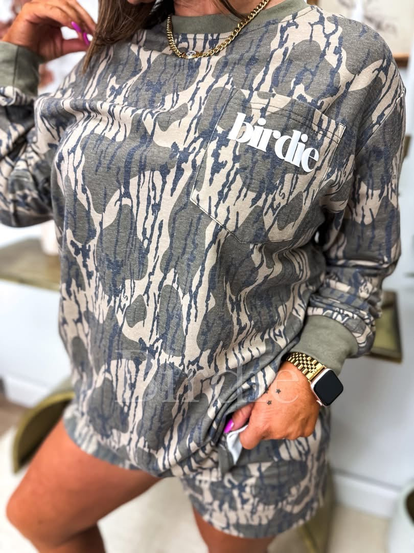 PREORDER Birdie Two Piece Long Sleeve Short Set in Bottomland Camo (Sold as Set)