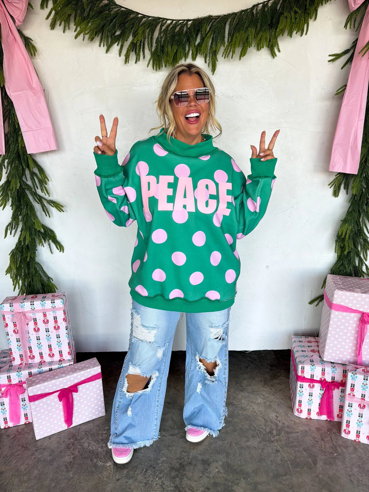 PREORDER Peace & Polka Dot Mock Neck Pullover