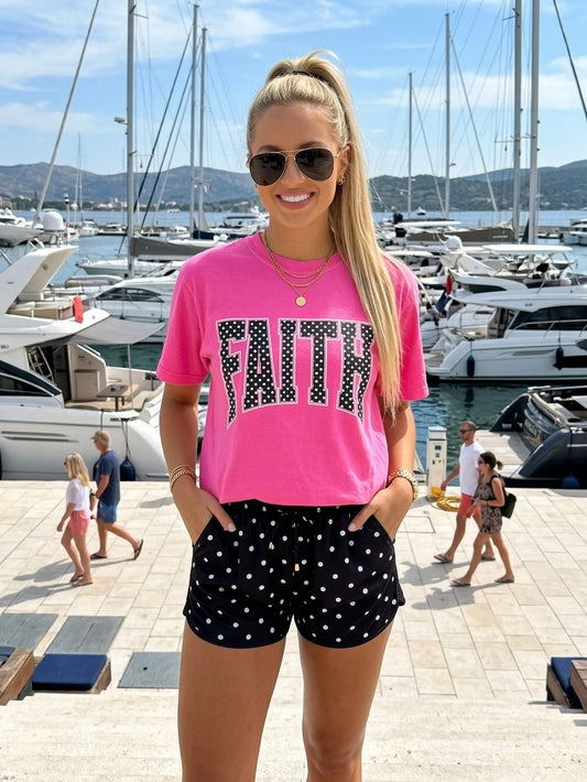 Faith Polka Dot Graphic Tee on Neon Pink